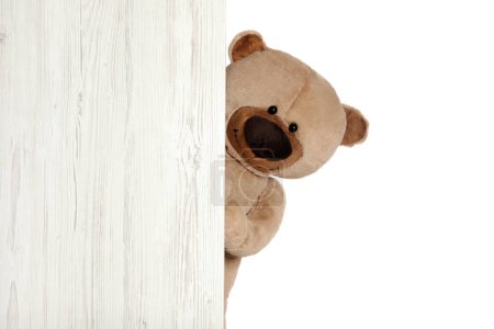 Photo for Cute teddy bear peeking out of wooden board on white background - Royalty Free Image