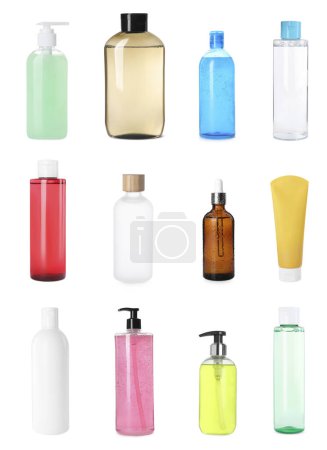 Photo for Set of different face cleansers or other cosmetic products isolated on white - Royalty Free Image