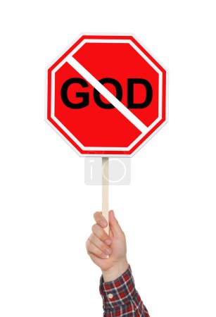 Foto de Concepto de ateísmo. Hombre sosteniendo la prohibición signo con la palabra tachada Dios sobre fondo blanco - Imagen libre de derechos