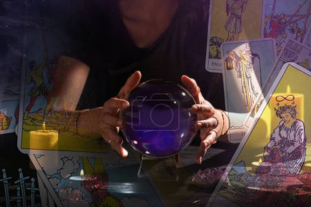 Photo for Multiple exposure with tarot cards and photo of soothsayer using crystal ball - Royalty Free Image