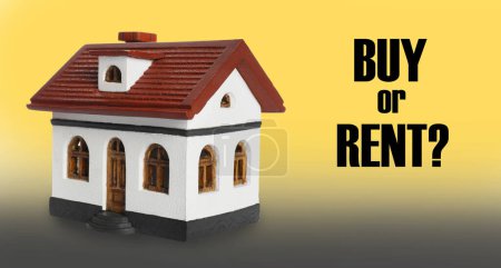 Photo for Model of house and words Buy Or Rent yellow gradient background, banner design - Royalty Free Image