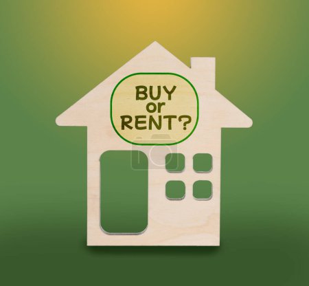 Photo for Model of house with words Buy Or Rent on yellow green background - Royalty Free Image