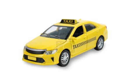 Photo for Yellow taxi car isolated on white. Children's toy - Royalty Free Image