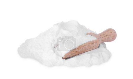 Foto de Pala de madera de fructosa dulce en polvo aislada en blanco - Imagen libre de derechos