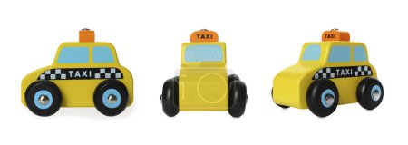 Téléchargez les photos : Voiture de taxi isolée sur blanc, angles différents. Collage design avec jouet pour enfants - en image libre de droit