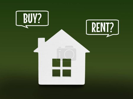 Photo for Model of house and speech bubbles with words Buy and Rent on green background - Royalty Free Image