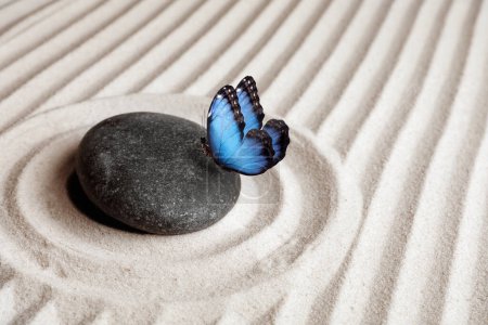 Foto de Paz y armonía. Zen jardín piedra sobre arena con patrón y hermosa mariposa, espacio para el texto - Imagen libre de derechos