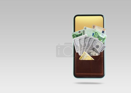 Online money exchange. Mobile phone with leather wallet pocket full of dollar and euro banknotes on grey background