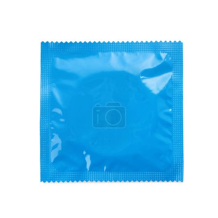 Condom package isolated on white, top view. Safe sex