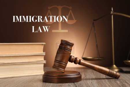 Foto de Ley de inmigración. Martillo del juez, escalas de justicia y libros sobre mesa de madera sobre fondo marrón - Imagen libre de derechos