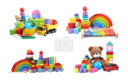 Foto de Conjunto de diferentes juguetes infantiles aislados en blanco - Imagen libre de derechos