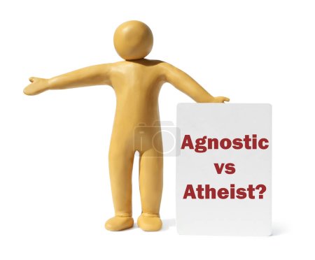 Photo for Agnostic Vs Atheist? Yellow plasticine human figure with card isolated on white - Royalty Free Image