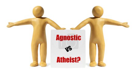 Photo for Agnostic Vs Atheist. Yellow plasticine human figures with card pointing in opposite directions isolated on white - Royalty Free Image