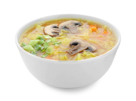 Bowl of delicious sauerkraut soup with mushrooms and green onion isolated on white