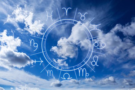 Photo for Zodiac wheel and beautiful view on blue sky with clouds - Royalty Free Image