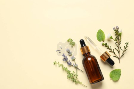 Foto de Botella de aceite esencial, pipeta y diferentes hierbas sobre fondo beige, puesta plana. Espacio para texto - Imagen libre de derechos