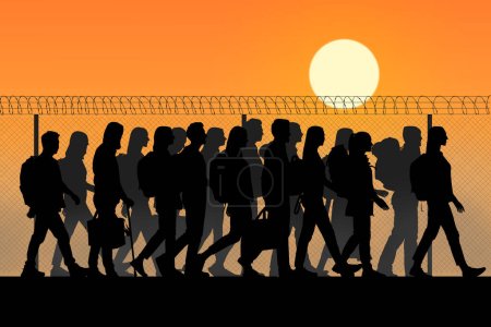 Einwanderung. Silhouetten von Menschen, die bei Sonnenuntergang am Zaun entlang laufen, mit Stacheldraht darüber, Illustration