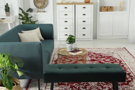 Photo for Stylish living room with beautiful carpet and furniture. Interior design - Royalty Free Image