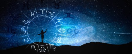Rueda del zodíaco y foto de la mujer en las montañas bajo el cielo estrellado por la noche, espacio para el texto. Diseño de banner