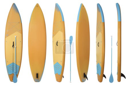 Photo for Collage with SUP board with paddle isolated on white, different sides - Royalty Free Image