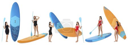 Photo for Photos of young woman with sup boards isolated on white, collage - Royalty Free Image