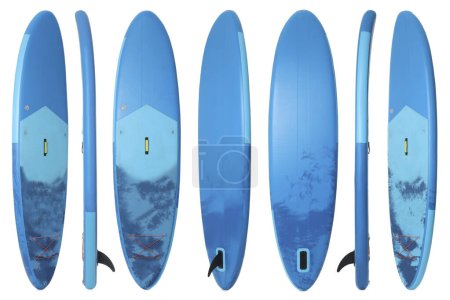Photo for Collage with SUP board with paddle isolated on white, different sides - Royalty Free Image