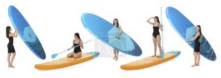 Photo for Photos of young woman with sup boards isolated on white, collage - Royalty Free Image