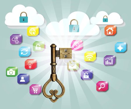 Foto de Concepto de herencia digital. Llave dorada con bit como enchufe USB, ilustraciones de nubes con cerraduras rodeadas de iconos - Imagen libre de derechos