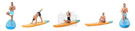 Photo for Collage with photos of young man and woman practicing yoga on sup boards isolated on white - Royalty Free Image