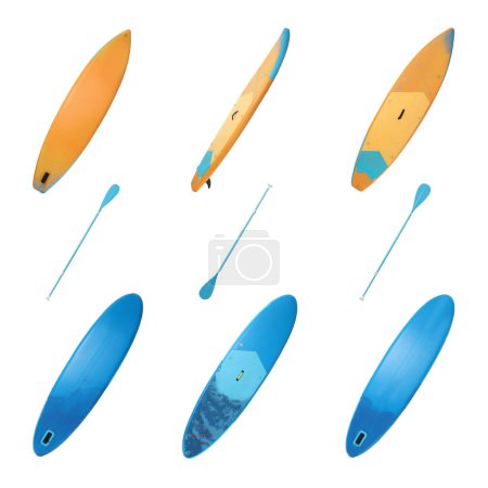 Photo for Collage with SUP boards with paddle isolated on white, different sides - Royalty Free Image