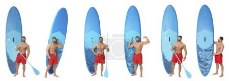 Photo for Photos of young man with sup board isolated on white, collage - Royalty Free Image