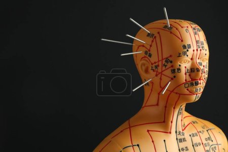 Photo for Acupuncture - alternative medicine. Human model with needles in head on black background, space for text - Royalty Free Image