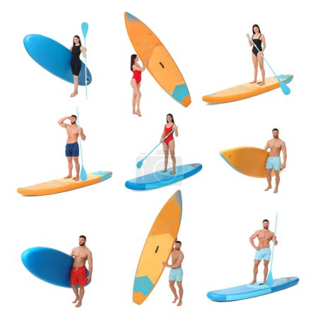 Photo for Photos of young man and woman with sup boards isolated on white, collage - Royalty Free Image