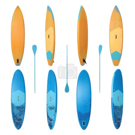 Collage with SUP boards with paddle isolated on white, different sides