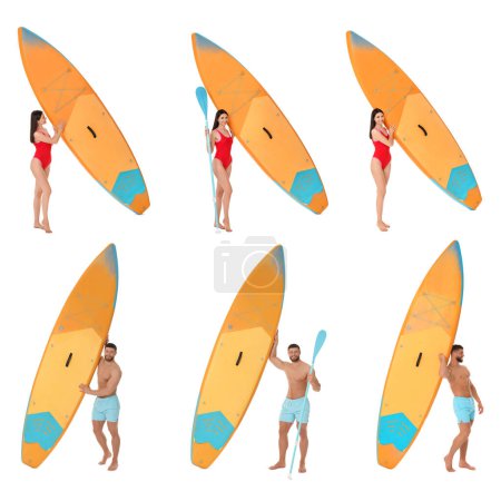 Photo for Photos of young man and woman with sup board isolated on white, collage - Royalty Free Image