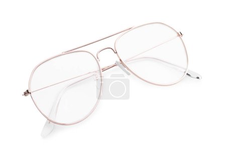 Stylish glasses with metal frame isolated on white