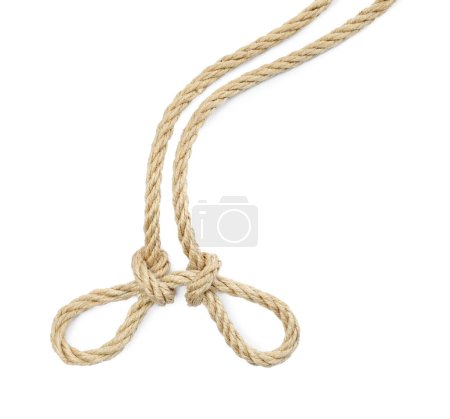 Cuerda de cáñamo con nudos aislados en blanco, vista superior