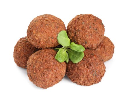 Photo for Delicious falafel balls and lambs lettuce on white background. Vegan meat products - Royalty Free Image