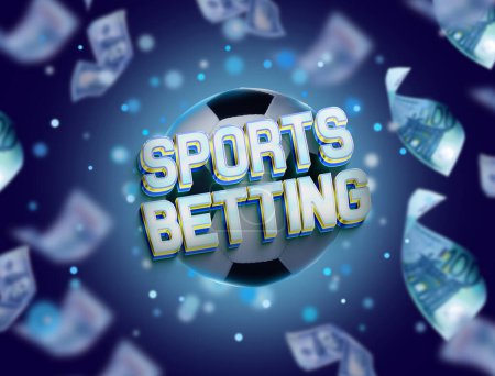 Photo for Bookmaking. Words Sports Betting, soccer ball and flying around dollars on blue background - Royalty Free Image