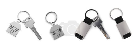 Photo for Set with keys and key chains isolated on white - Royalty Free Image