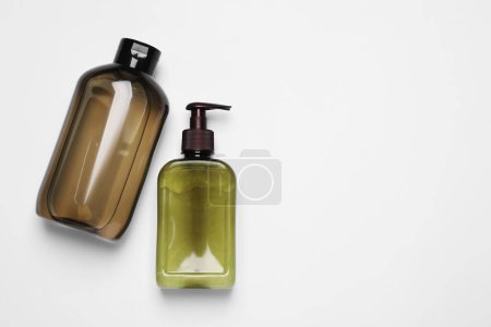 Photo for Different cleansers on white background, flat lay with space for text. Cosmetic product - Royalty Free Image