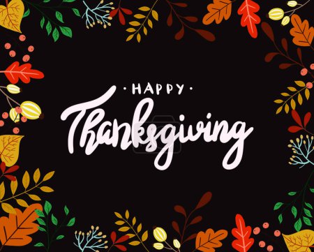 Photo for Thanksgiving day card design. Text in frame with autumn leaves on black background, illustration - Royalty Free Image