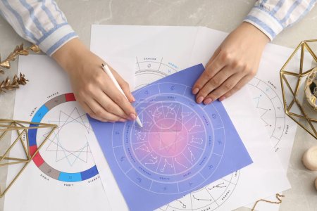 Téléchargez les photos : Astrologue utilisant la roue du zodiaque pour la prévision du destin à la table, vue du dessus. Parler de chance - en image libre de droit