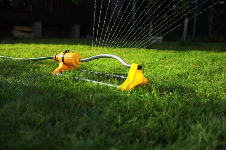 Foto de Aspersor automático que riega la hierba verde en el césped al aire libre. Sistema de riego - Imagen libre de derechos