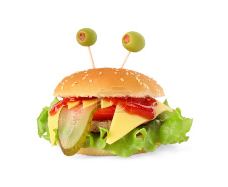 Netter Monster-Burger isoliert auf weiß. Halloween-Party-Essen