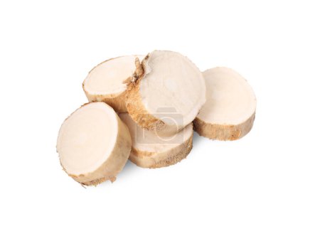 Photo for Pile of fresh horseradish slices isolated on white, above view - Royalty Free Image