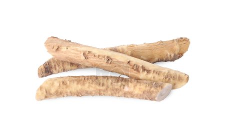 Photo for Fresh cut horseradish roots isolated on white, top view - Royalty Free Image