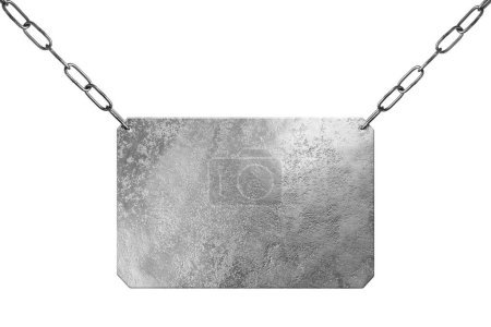 Ein Metallschild, das an einer Kette vor weißem Hintergrund hängt. Raum für Text
