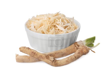 Photo for Grated and cut horseradish roots isolated on white - Royalty Free Image