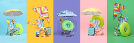 Téléchargez les photos : Chaise longue et accessoires de plage, ensemble avec différents milieux de couleur - en image libre de droit
